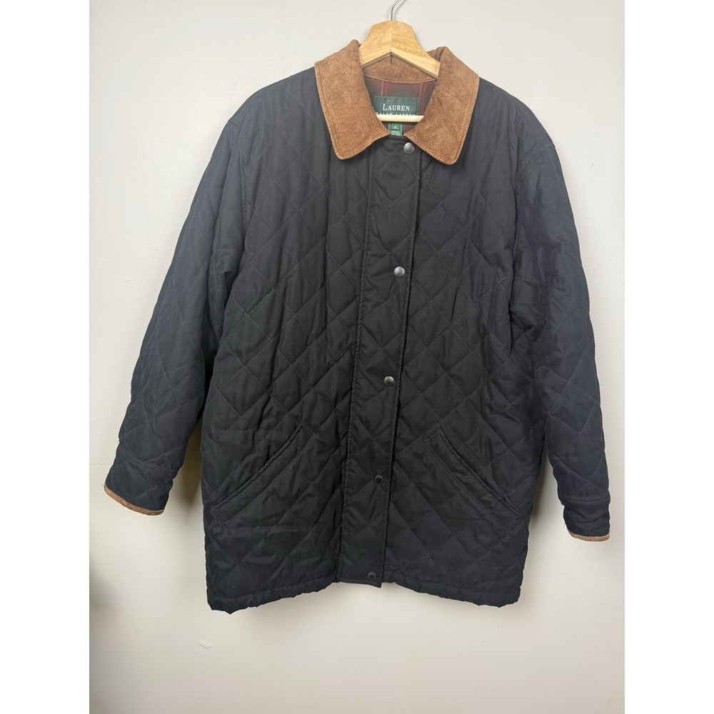 Ralph Lauren Black Quilted Puffer Jacket with Brown Corduroy Collar